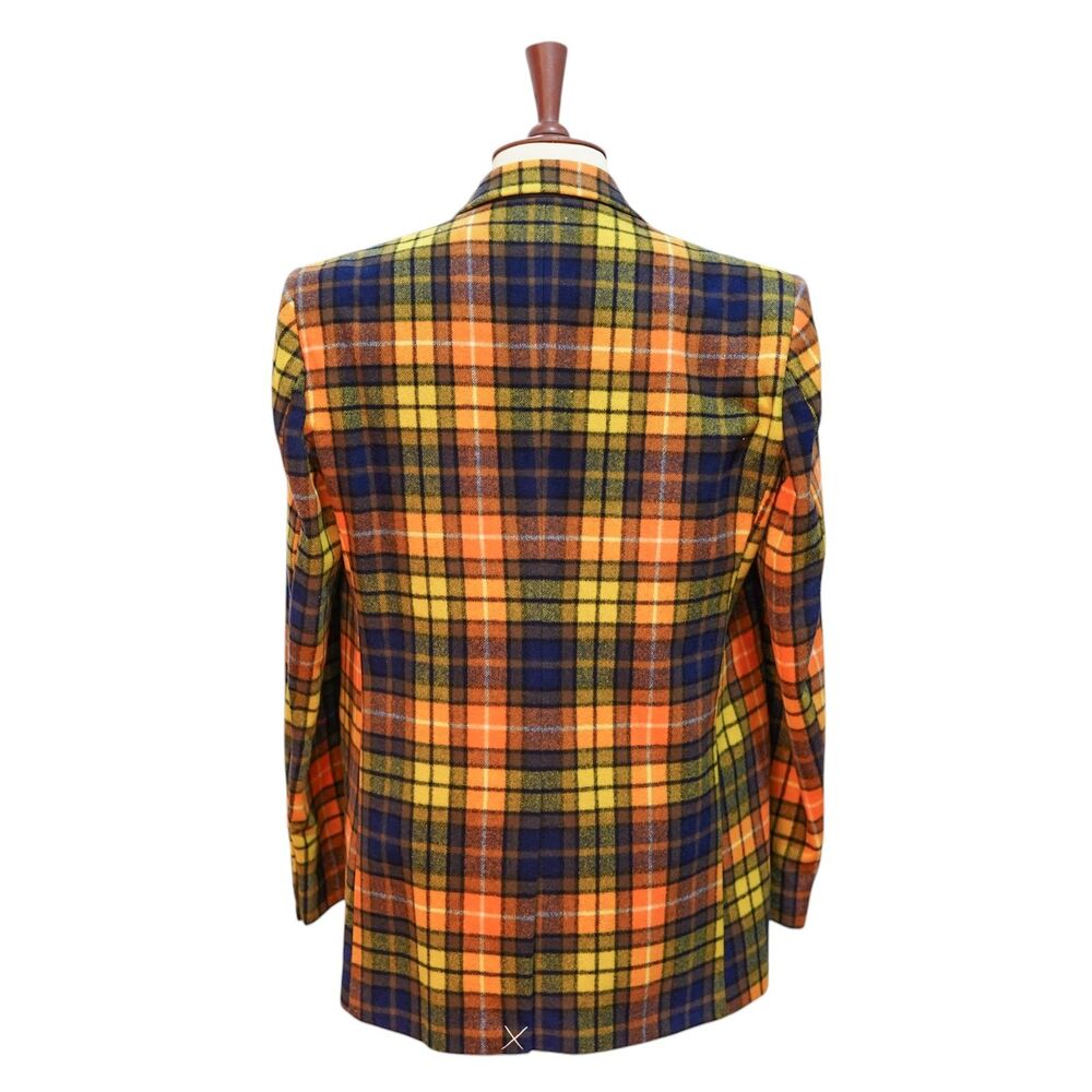 Mens Wool Sport Coat 44R Orange Yellow Blue Plaid Blazer 2 Button Wedding Formal - Picture 2 of 8